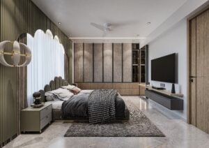 Photorealistic 3D render of a modern living room by Sharpview Studio.